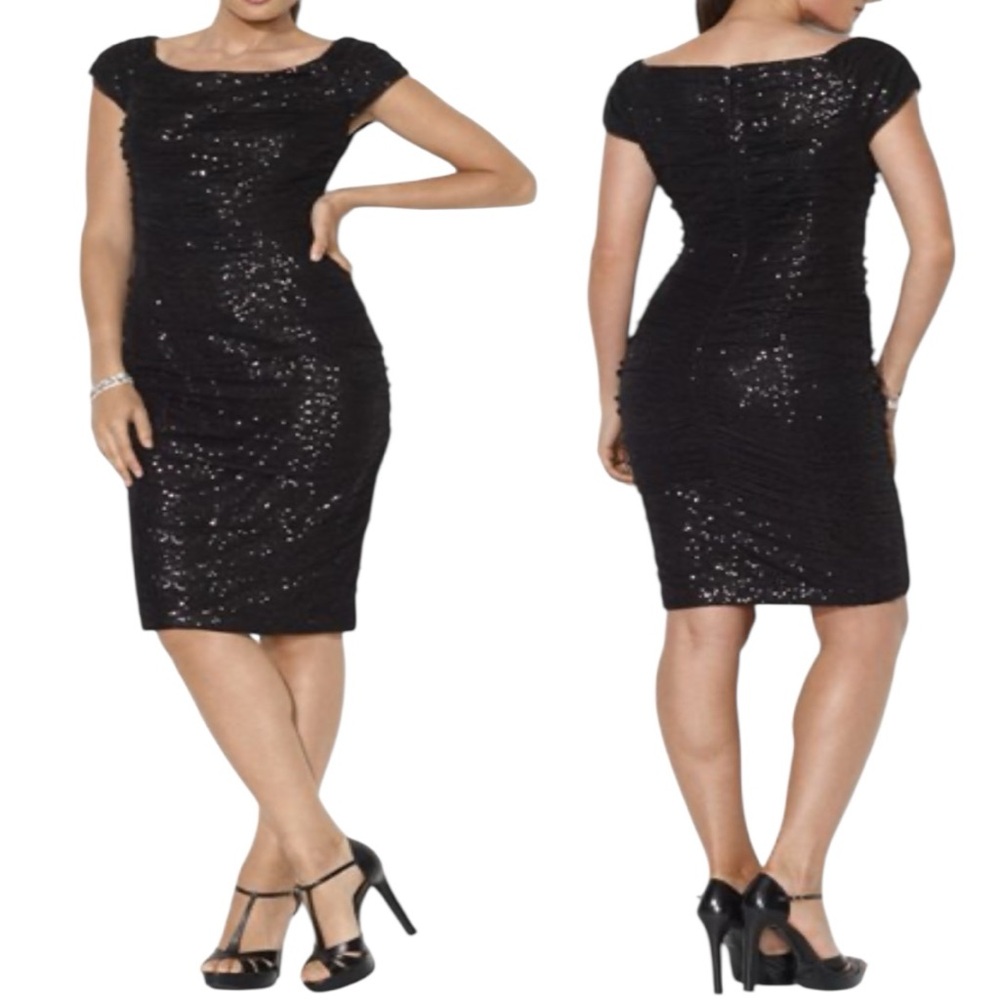 Lauren Ralph Lauren sequined ruched cocktail dress black cap-sleeve,size 0